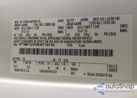 2019 Ford F-150 Xl z USA, uszkodzony, nr VIN 1FTMF1CP5KKF18739